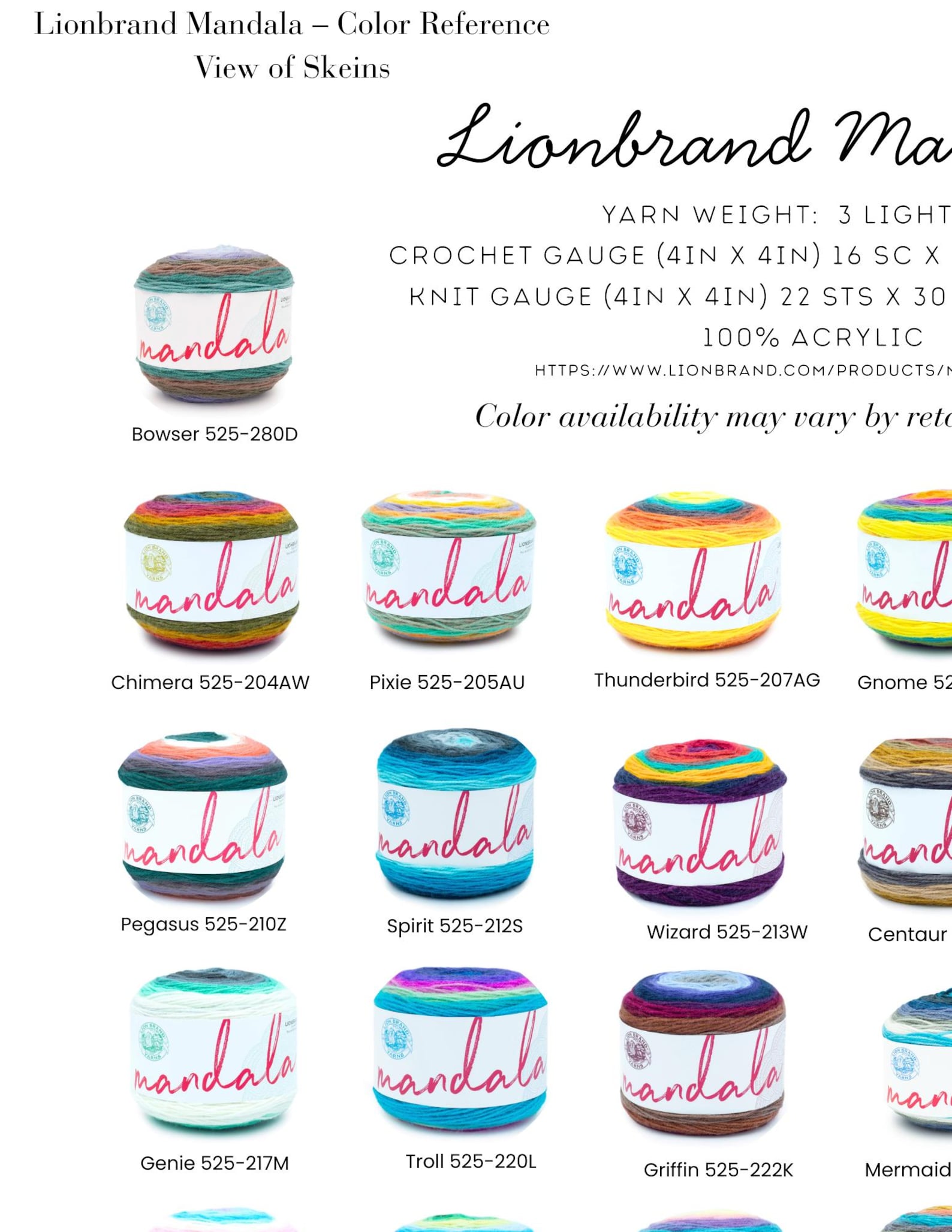 Lionbrand Mandala Color Chart PDF | Variegated Yarn Reference Guide ...