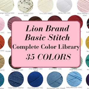 May include: A colour chart of Lion Brand Basic Stitch yarn, showcasing 35 colours. The image presents various yarn skeins in shades of blue, green, purple, and neutral tones, with the brand name and product details in the centre.