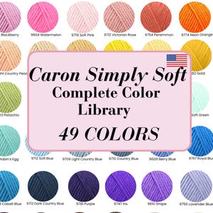 Könnte beinhalten: Eine Sammlung von 49 Caron Simply Soft Garnknäueln, die in einem Raster angeordnet sind und jeweils mit Farbnamen und Nummer beschriftet sind. Der zentrale Text lautet Caron Simply Soft Complete Color Library 49 COLORS mit einer kleinen US-Flagge.