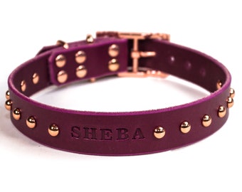 Magenta Purple Leather Copper Rose Gold Tone Buckle Personalized Leather Dog Collar with FREE Name Pick Your Font