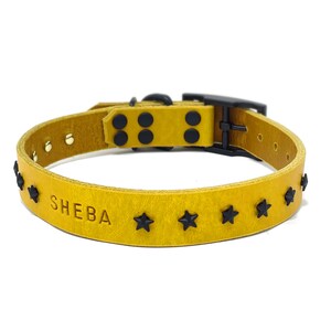 Personalized Leather Dog Collar: Mustard Yellow with Black Star Rivets