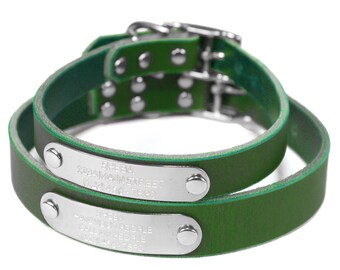 Personalized Emerald Green Leather Dog Collar: Engraved Nameplate, Quiet ID Tag