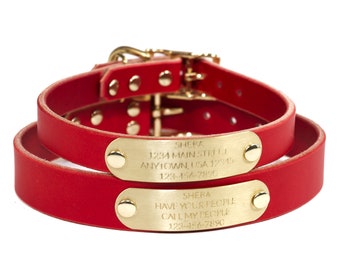 Gepersonaliseerde rode leren hondenhalsband, met massief messing naamplaatje ID-tag, tot 4 regels tekst