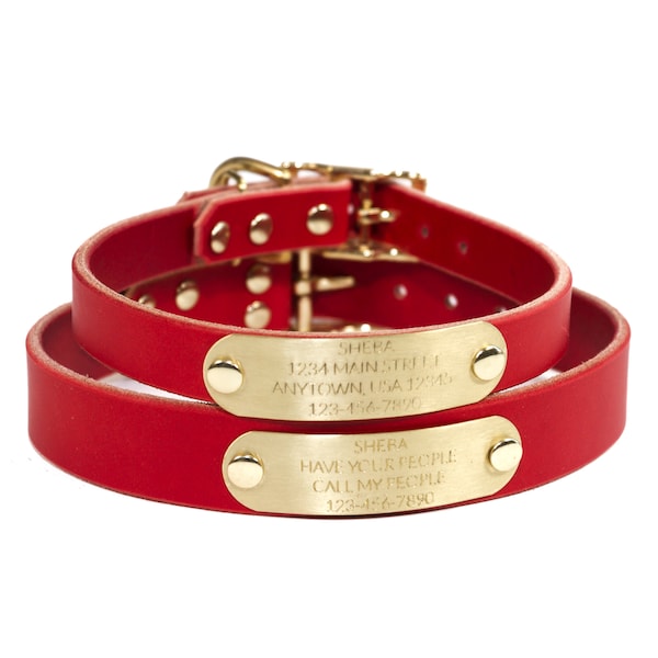 Personalized Red Leather Dog Collar, with Solid Brass Nameplate ID Tag, up to 4 Lines of Text