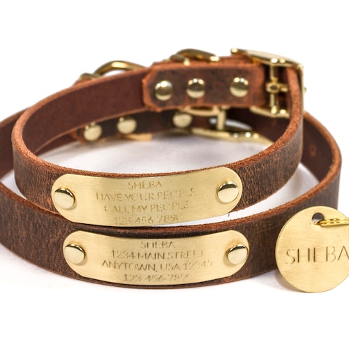 Personalized Brown Leather Dog Collar With Gold Tone Solid Etsy