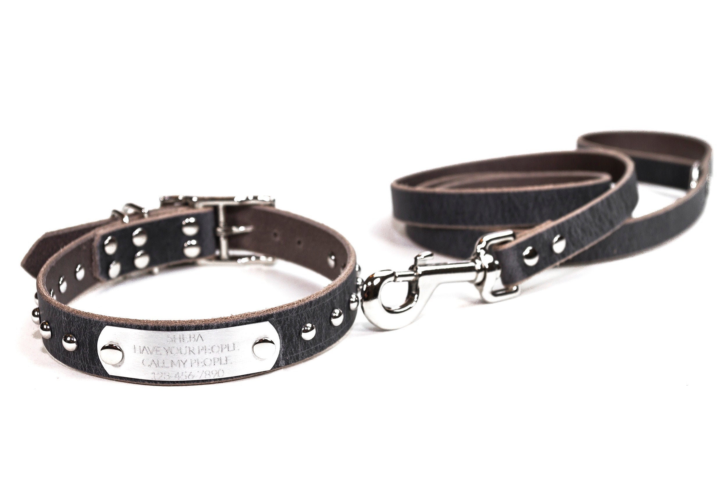 Personalized Gray Leather Dog Collar with Nickel / Silver Etsy