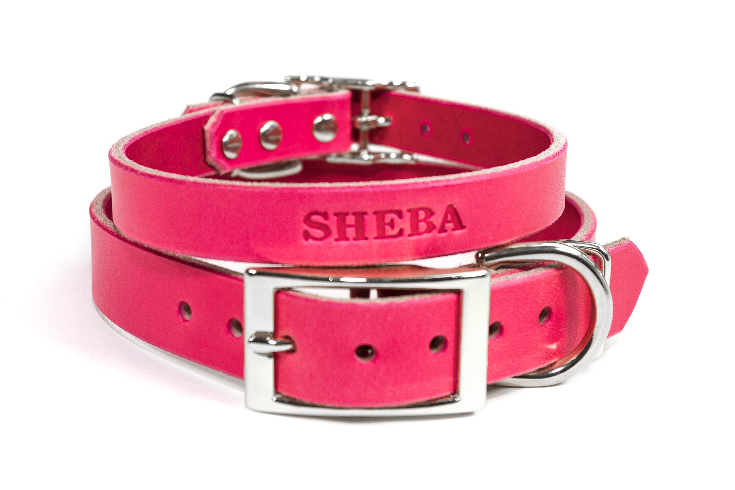 Personalized Pink Leather Dog Collar Silver Tone Buckle with Etsy
