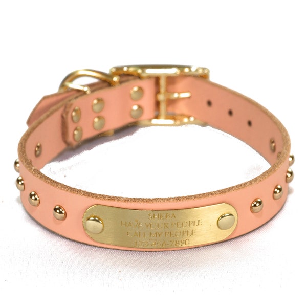 Personalized Studded Pink Leather Dog Collar: Engraved Brass Nameplate