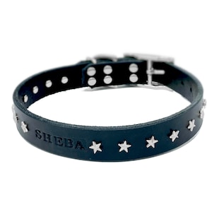 Personalized Black Leather Dog Collar: Star Rivets, Engraved Name