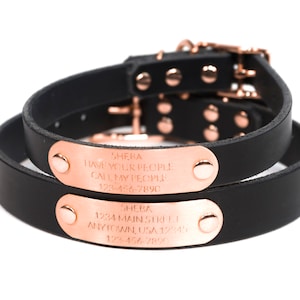Personalized Black Leather Dog Collar with Rose Gold Tone Solid Copper Nameplate, ID Tag, up to 4 Lines of Text