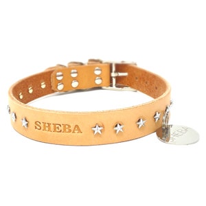 Personalized Star Studded Natural Beige Leather Dog Collar, Silver Tone Stars, with Stainless Steel Hanging ID Tag Dog Tag