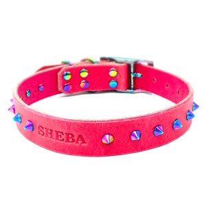 Personalized Spiked Pink Leather Dog Collar, Rainbow Metal Buckle and Spike Rivets, Embossed Name