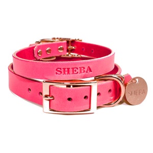 Personalized Pink Leather Dog Collar, Copper / Rose Gold Tone Buckle, with Embossed Name and Solid Copper ID Tag Dog Tag Hanging Tag