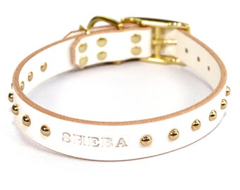 Studded Personalized White Leather Dog Collar, with Brass / Gold Tone Buckle and Dome Rivets, Engraved Name