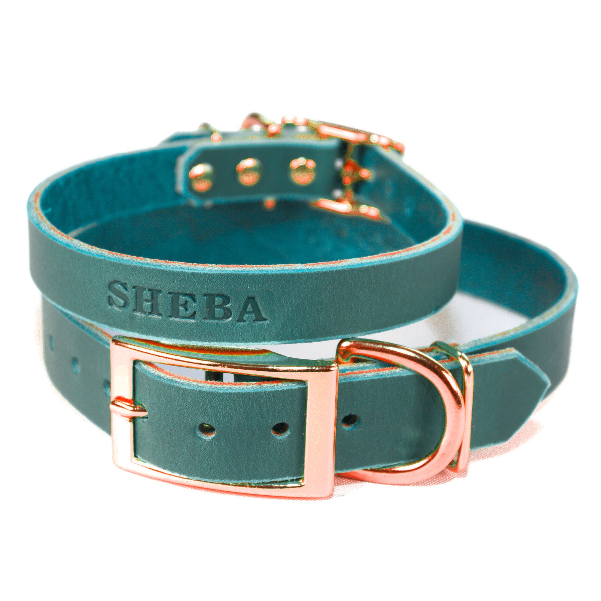 Leather Dog Collar, Personalized Dark Teal Forest Evergreen Leather, Rose Gold/Copper Buckle, With Free Name, Pick Your Font