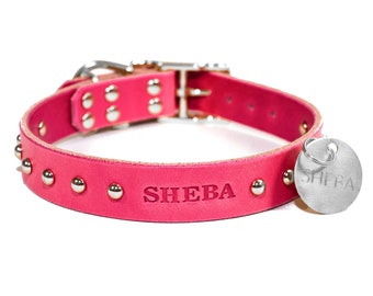 Personalized Studded Pink Leather Dog Collar, Silver Tone Dome Rivets, with Stainless Steel Hanging ID Tag Dog Tag