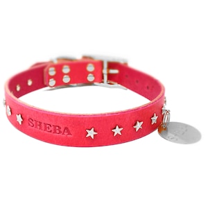 Personalized Spiked Pink Leather Dog Collar, Silver Tone Spike Rivets, with Stainless Steel Hanging ID Tag Dog Tag
