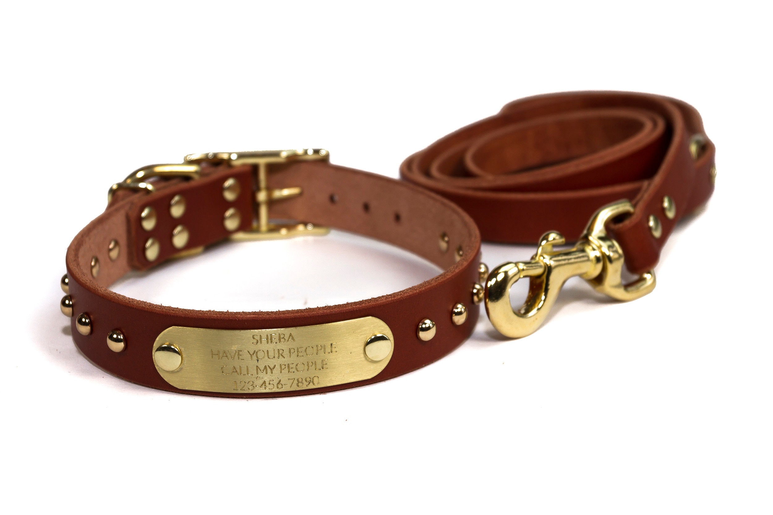 Personalized Studded Brown Leather Dog Collar Brass / Gold Etsy