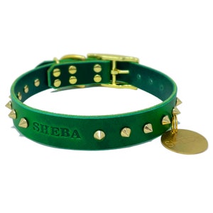 Personalized Spiked Emerald Green Dog Collar, Brass / Gold Tone Spike Rivets, with Solid Brass Hanging ID Tag Dog Tag