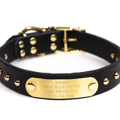 Personalized Studded Black Leather Dog Collar Brass / Gold Etsy