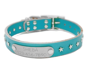 Personalized Star Studded Light Blue Leather Dog Collar, Nickel / Silver Tone Star Rivets, Stainless Steel Nameplate, Quiet Dog Tag