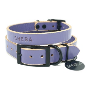 Personalized Periwinkle Purple Leather Dog Collar, Matte Black Metal Buckle, with Embossed Name and Black Metal ID Tag Dog Tag Hanging Tag