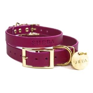 Personalized Leather Dog Collar, Magenta Purple Leather, Solid Brass ID Tag Dog Tag Hanging Tag, Brass / Gold Tone Buckle, Embossed Name