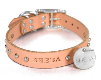 Personalized Studded Blush Pink Leather Dog Collar, Nickel / Silver Tone Dome Rivets, with Stainless Steel Hanging ID Tag Dog Tag