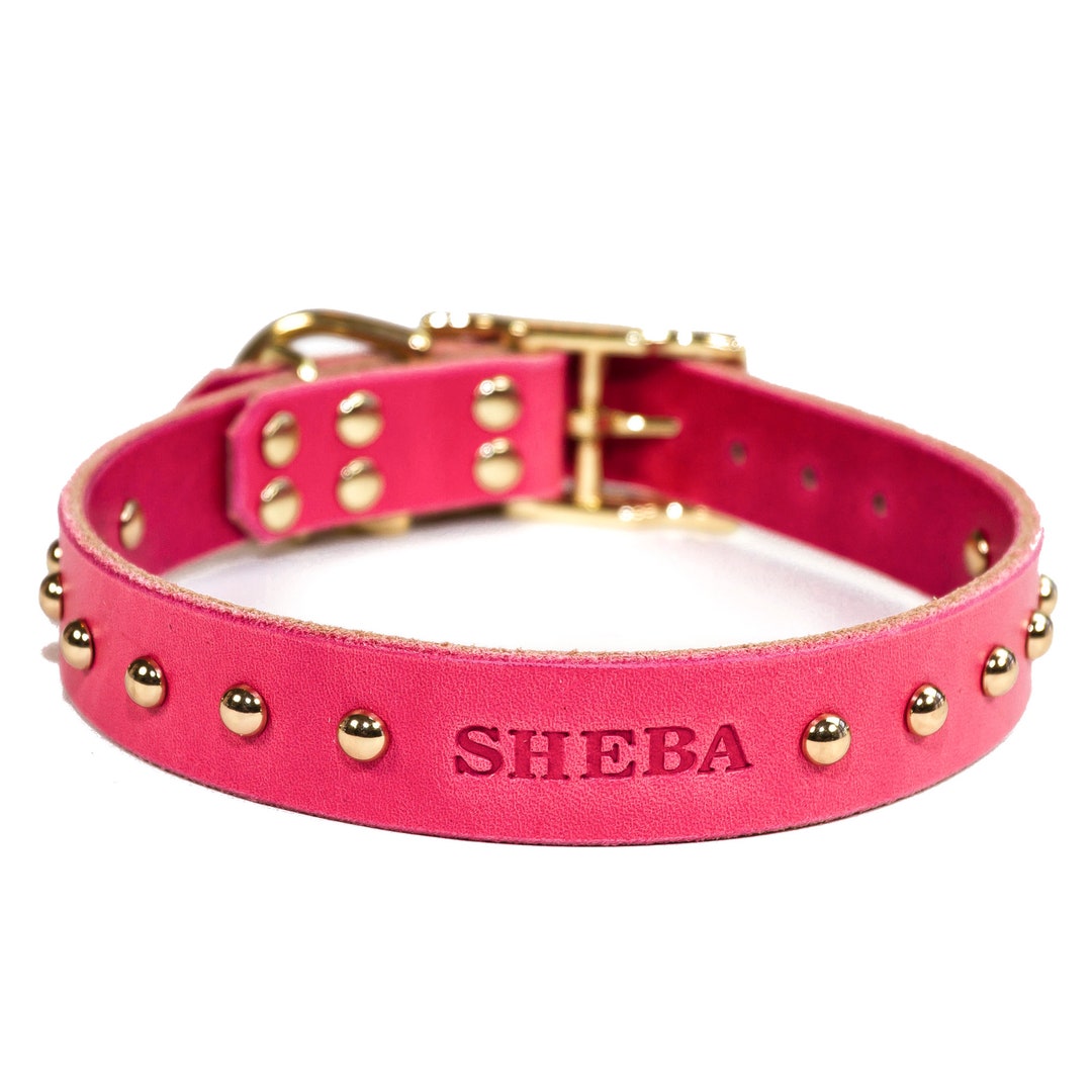 Studded Personalized Pink Leather Dog Collar, With Brass / Gold Tone