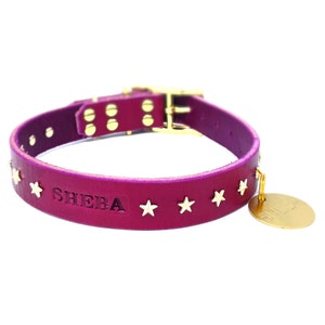 Personalized Magenta Purple Leather Dog Collar, Brass / Gold Tone Star Rivets, with Engraved Solid Brass Hanging ID Tag Dog Tag