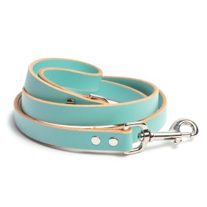 Light Blue Leather Dog Leash with Nickel / Silver Tone Hardware