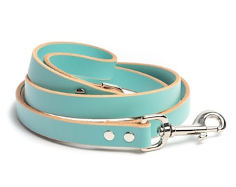 Light Blue Leather Dog Leash with Nickel / Silver Tone Hardware