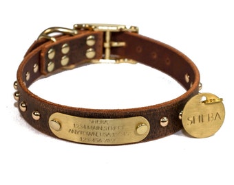 May include: Brown leather dog collar with brass studs and a brass name tag engraved with "SHEBA 1234 MAIN STREET ANYTOWN, USA 12345 123-456-7890". The collar also has a round brass tag with the name "SHEBA" engraved on it.