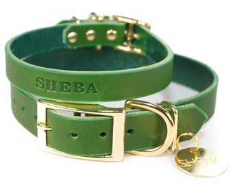 Personalized Leather Dog Collar: Emerald Green with Brass ID Tag