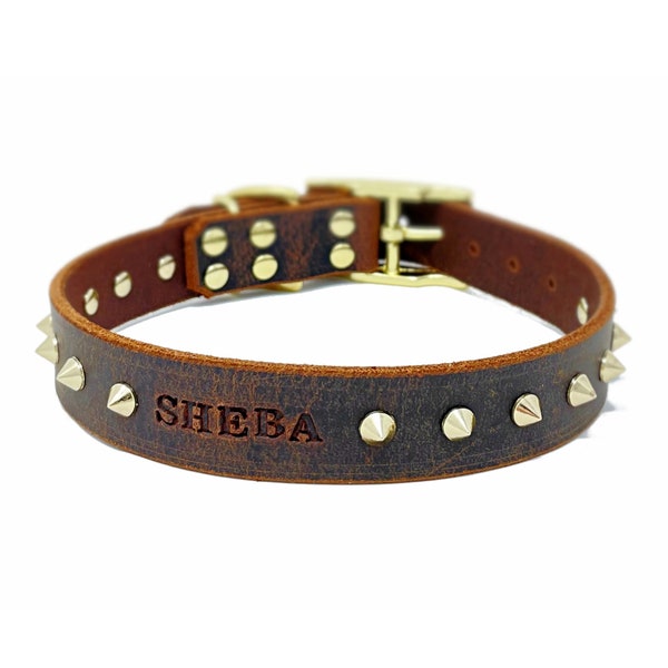 Spiked Personalized Distressed Brown Leather Dog Collar, Brass / Gold Tone Spike Stud Rivets, Engraved Name