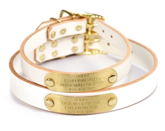 Personalized White Leather Dog Collar, with Solid Brass Nameplate ID Tag, up to 4 Lines of Text