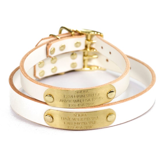 Personalized White Leather Dog Collar, with Solid Brass Nameplate ID Tag, up to 4 Lines of Text