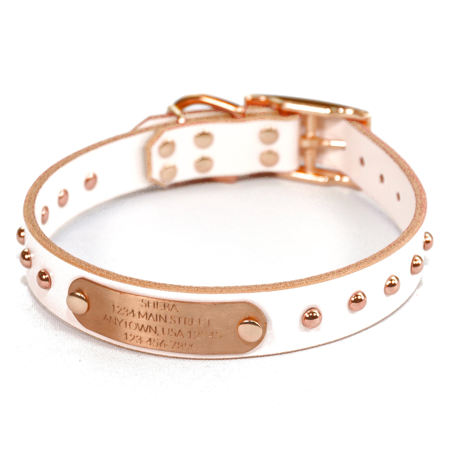 Personalized Studded White Leather Dog Collar, Copper / Rose Gold Tone Dome Rivets, Engraved Solid Copper Nameplate, Quiet Dog Tag