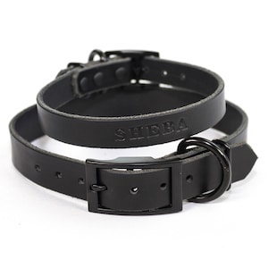Personalized Black Leather Dog Collar, Matte Black Metal Hardware, Embossed Name