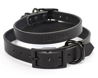 Personalized Black Leather Dog Collar, Matte Black Metal Hardware, Embossed Name