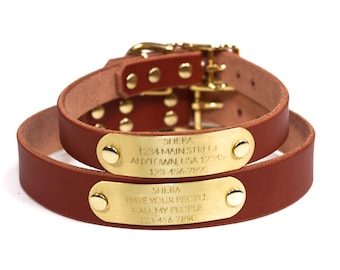 Personalized Brown Leather Dog Collar, with Gold Tone, Solid Brass Nameplate ID Tag, up to 4 Lines of Text