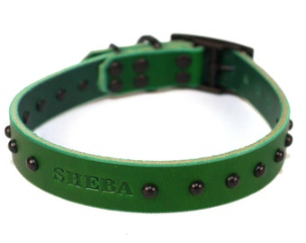 Studded Personalized Emerald Green Leather Dog Collar, with Matte Black Dome Rivets, Engraved Name