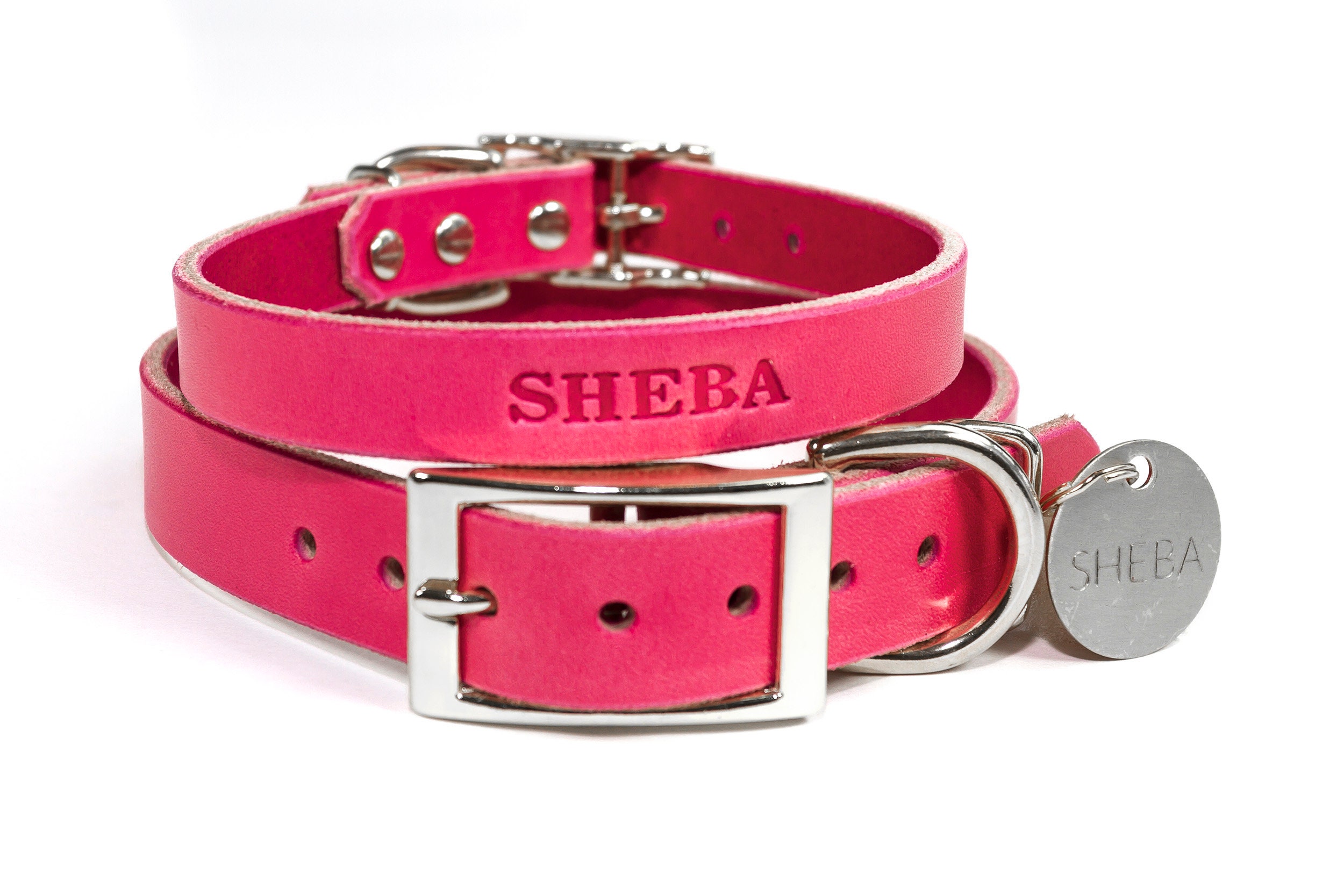 Personalized Pink Leather Dog Collar Silver Tone Buckle with Etsy