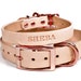 Personalized Natural Beige Leather Dog Collar, Rose Gold / Copper Tone Buckle, Embossed Name 