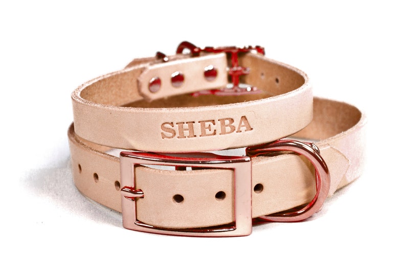 Personalized Natural Beige Leather Dog Collar, Rose Gold / Copper Tone Buckle, Embossed Name 