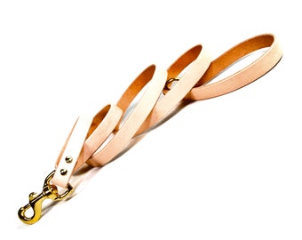 Handmade Leather Dog Leash, Natural Beige Leather With Solid Brass / Gold Tone Hardware