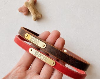 Personalized Leather Dog House Collar Slip-On with Brass Nameplate: Narrow Indoor Non-Adjustable Necklace in 16 Colors, For Cats Too