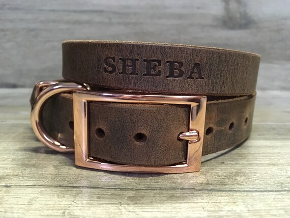 Magenta Purple Leather Copper Rose Gold Tone Buckle Personalized Leather Dog Collar with FREE Name Pick Your Font