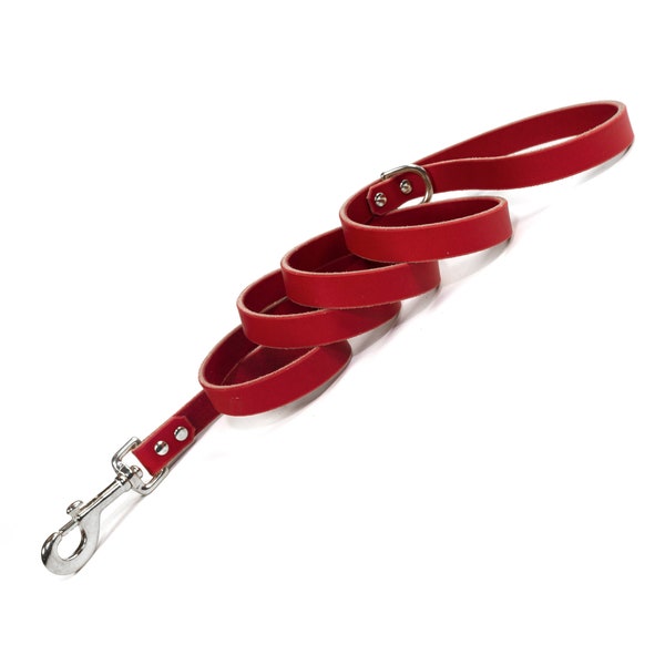 Red Leather Dog Leash with Nickel / Silver Tone Hardware
