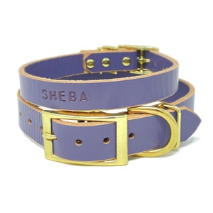 Personalized Periwinkle Purple Leather Dog Collar, Brass / Gold Tone Buckle, with FREE Name, Pick Your Font
